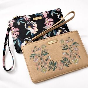 NWT Kensie Floral Wristlet Wallet Bundle Beige Embroidered + Navy Printed Zip